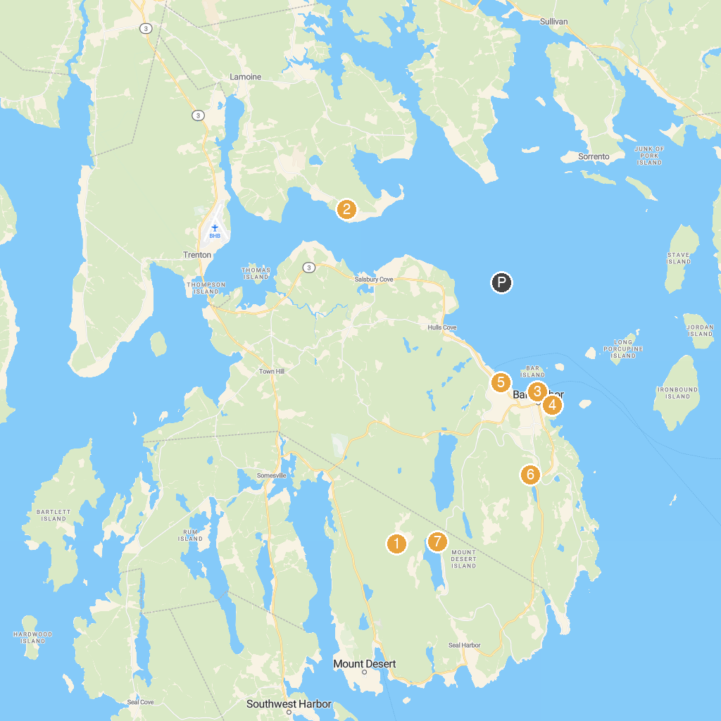 Bar Harbor, Maine, USA map with numbered points of interest