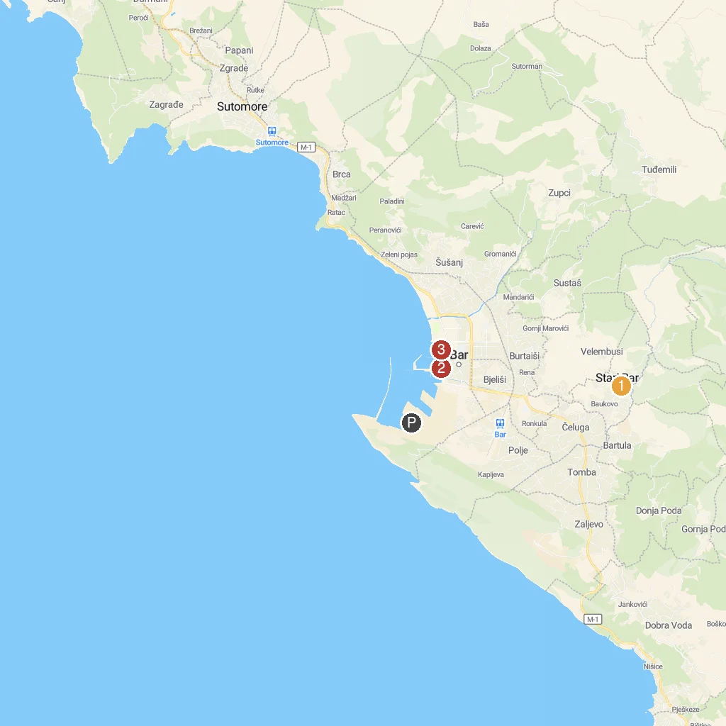 Bar, Montenegro map with numbered points of interest