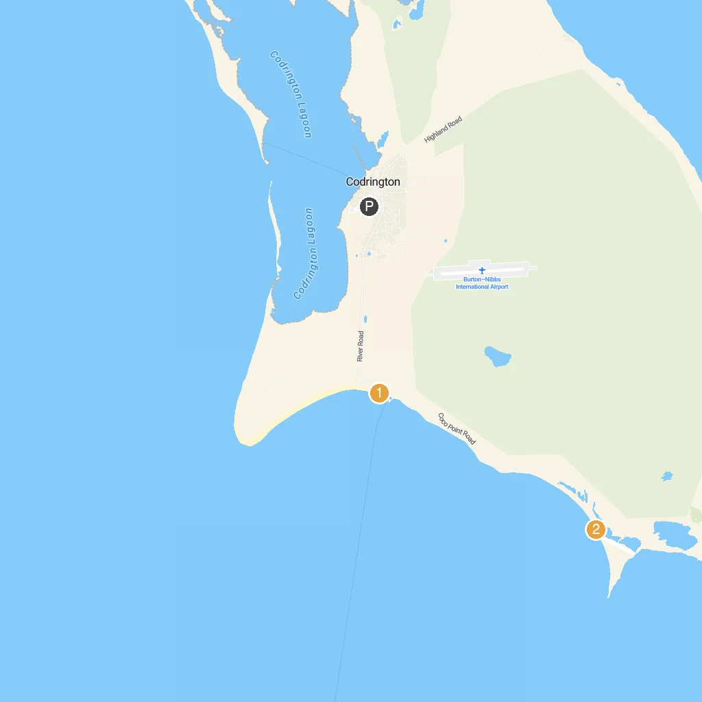 Barbuda Island, Antigua and Barbuda map with numbered points of interest