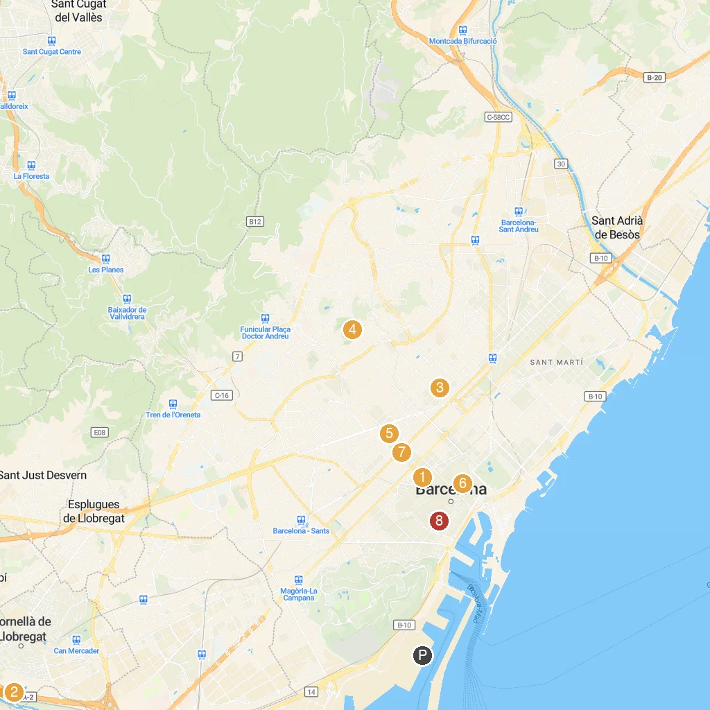 Barcelona, Spain map with numbered points of interest