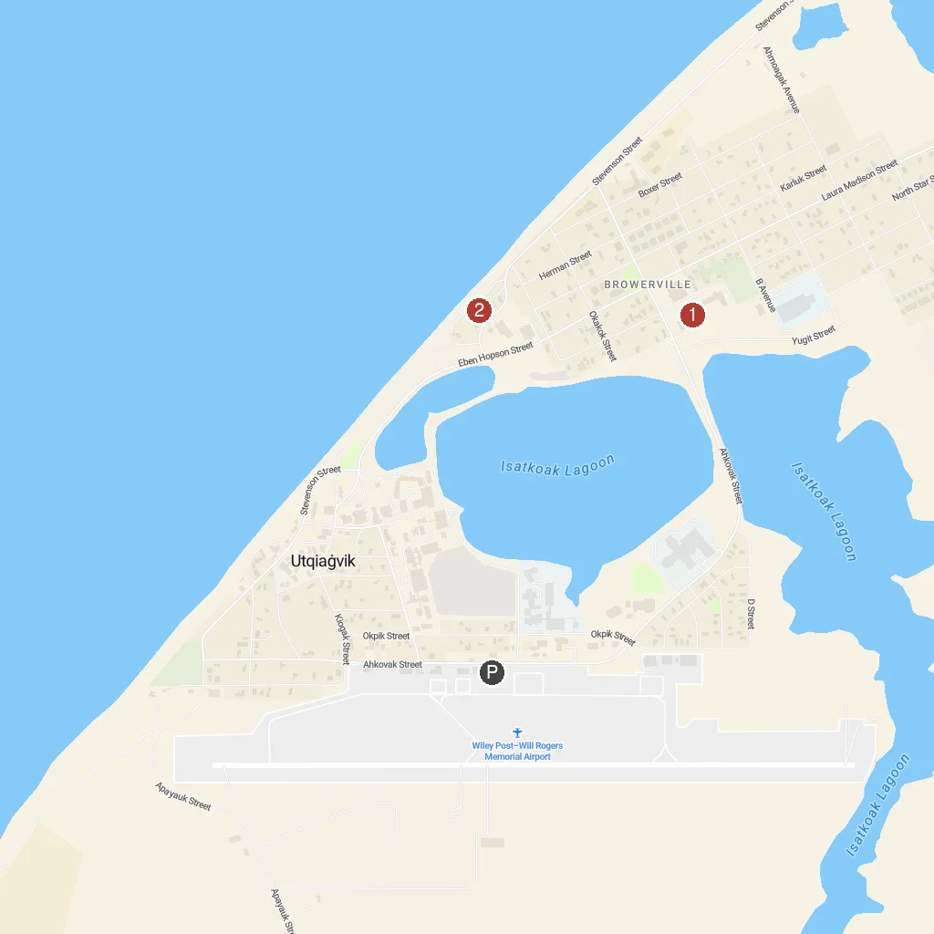 Utqiaġvik (Barrow), Alaska, USA map with numbered points of interest