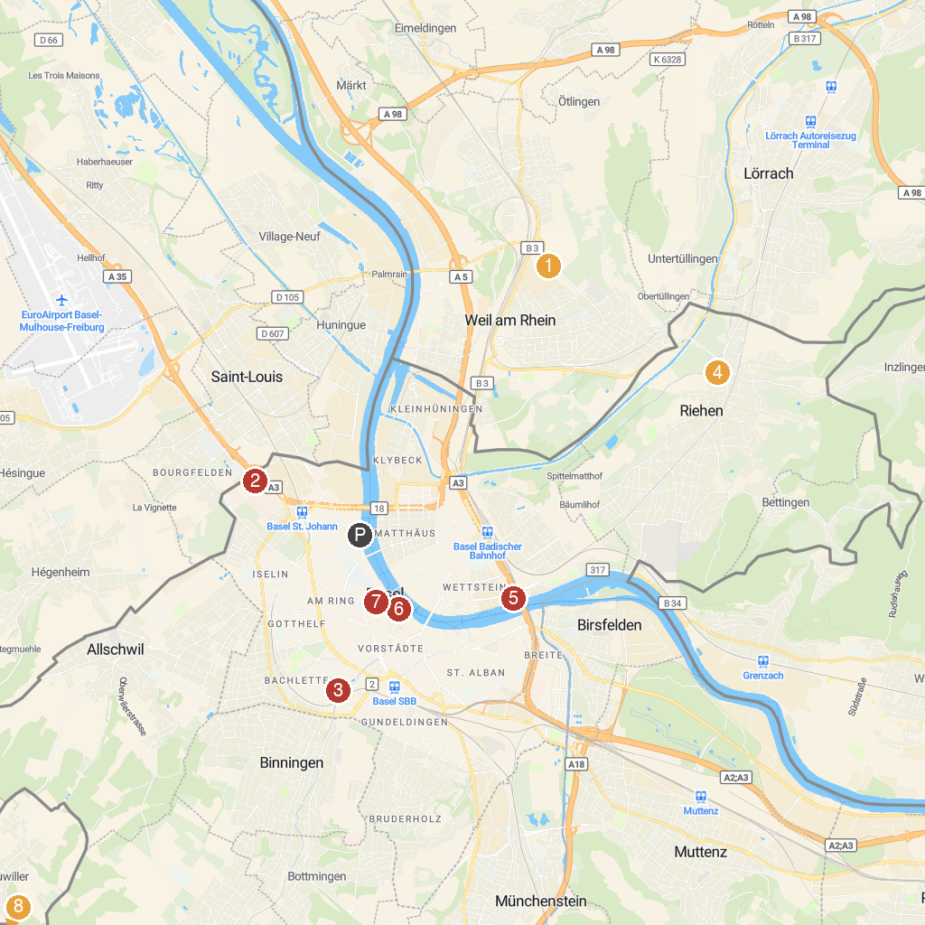 Basel, Basel-Stadt, Switzerland map with numbered points of interest