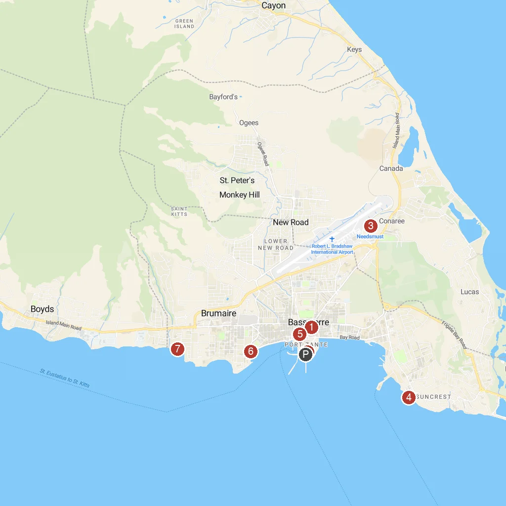 Basseterre, St. Kitts, Caribbean map with numbered points of interest