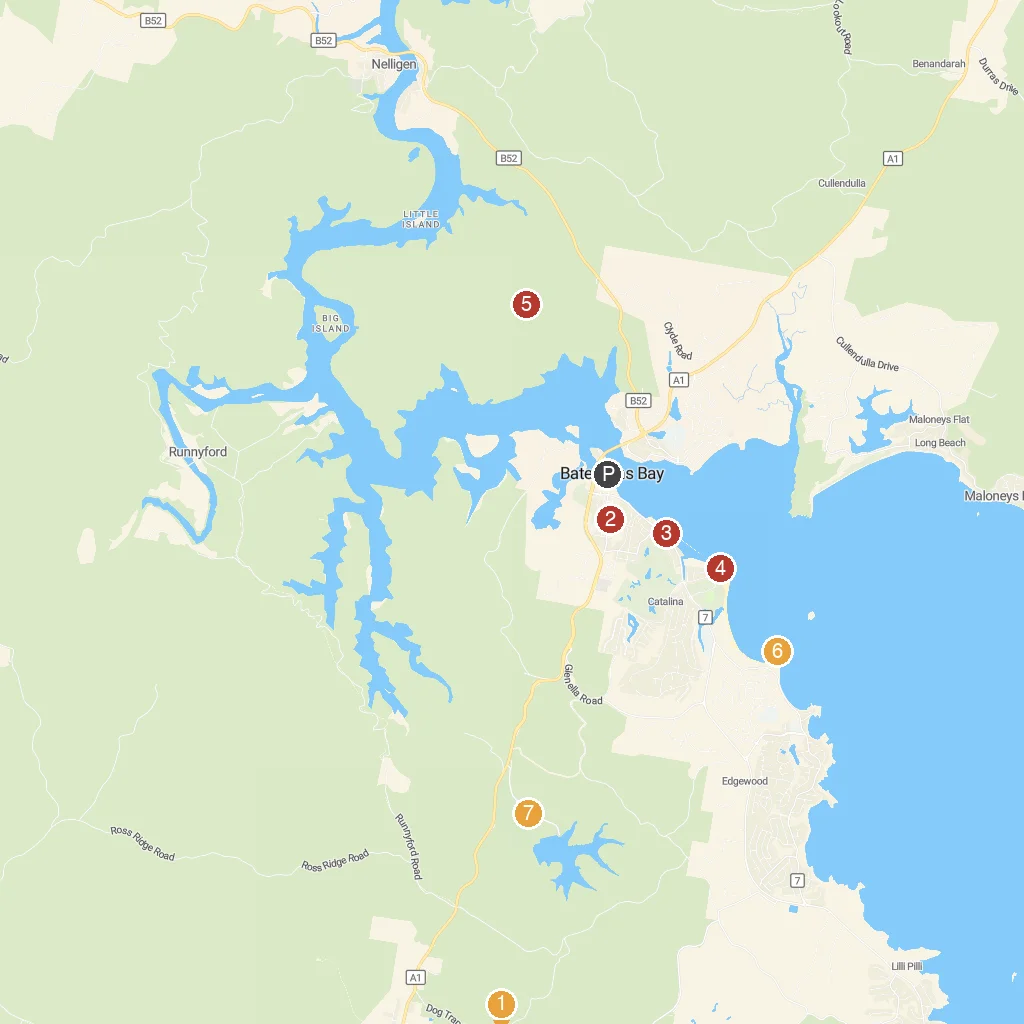 Batemans Bay, New South Wales, Australia map with numbered points of interest