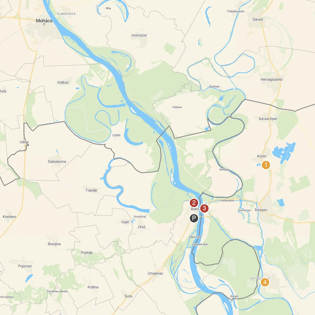 Batina, Baranja, Croatia map with numbered points of interest