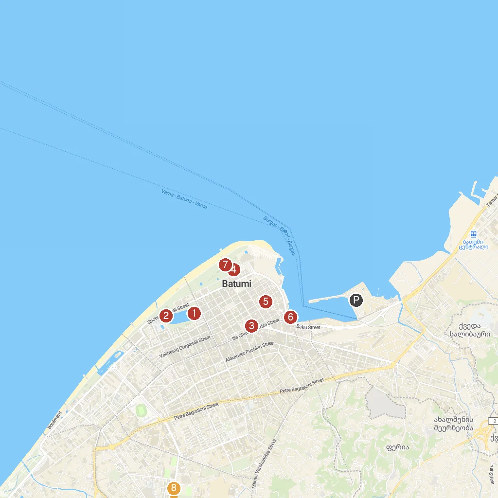 Batumi, Adjara, Georgia map with numbered points of interest