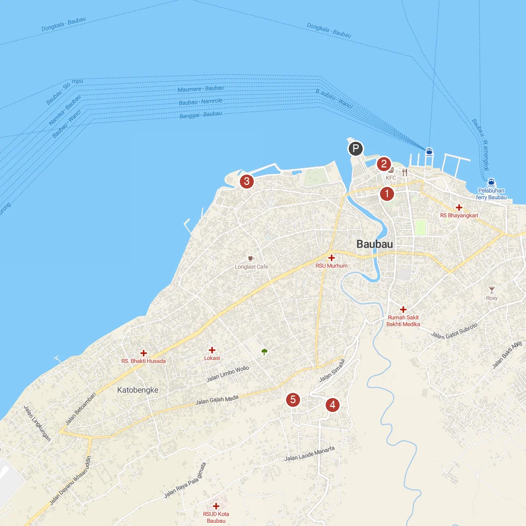 Baubau, Southeast Sulawesi, Indonesia map with numbered points of interest