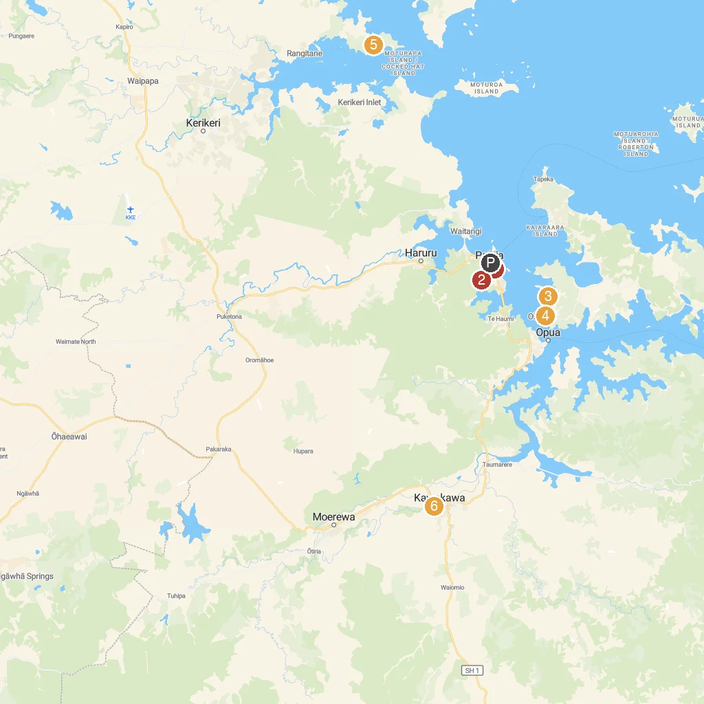 Bay of Islands, Northland, New Zealand map with numbered points of interest