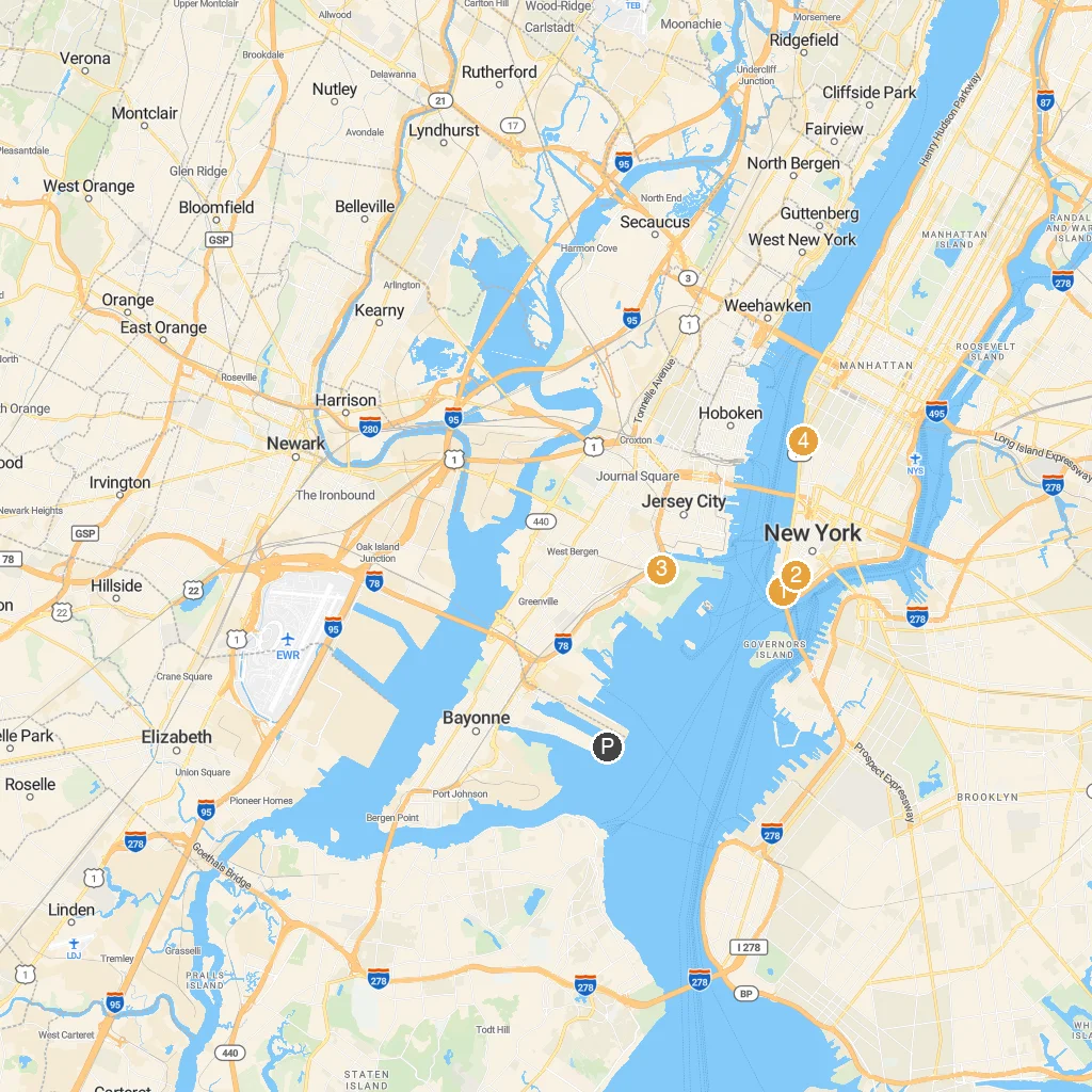 Bayonne, New Jersey, USA map with numbered points of interest