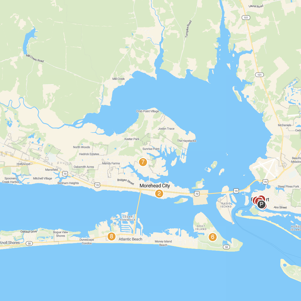 Beaufort, North Carolina, USA map with numbered points of interest