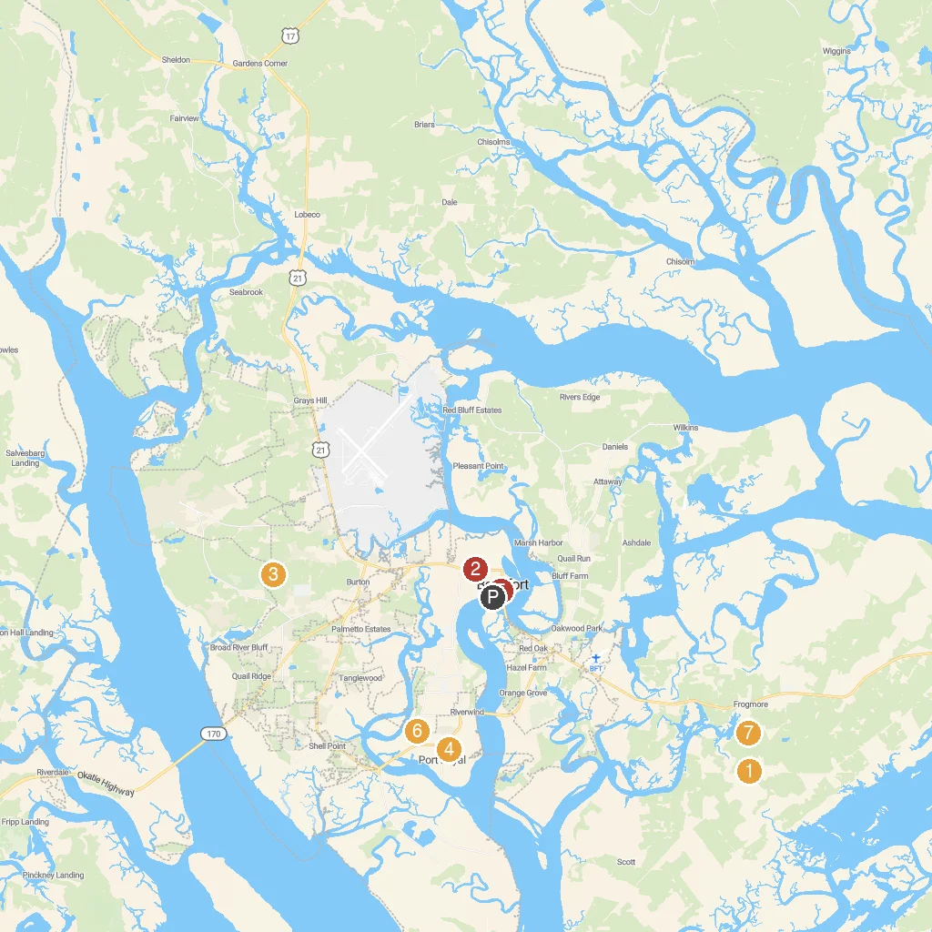 Beaufort, South Carolina, USA map with numbered points of interest
