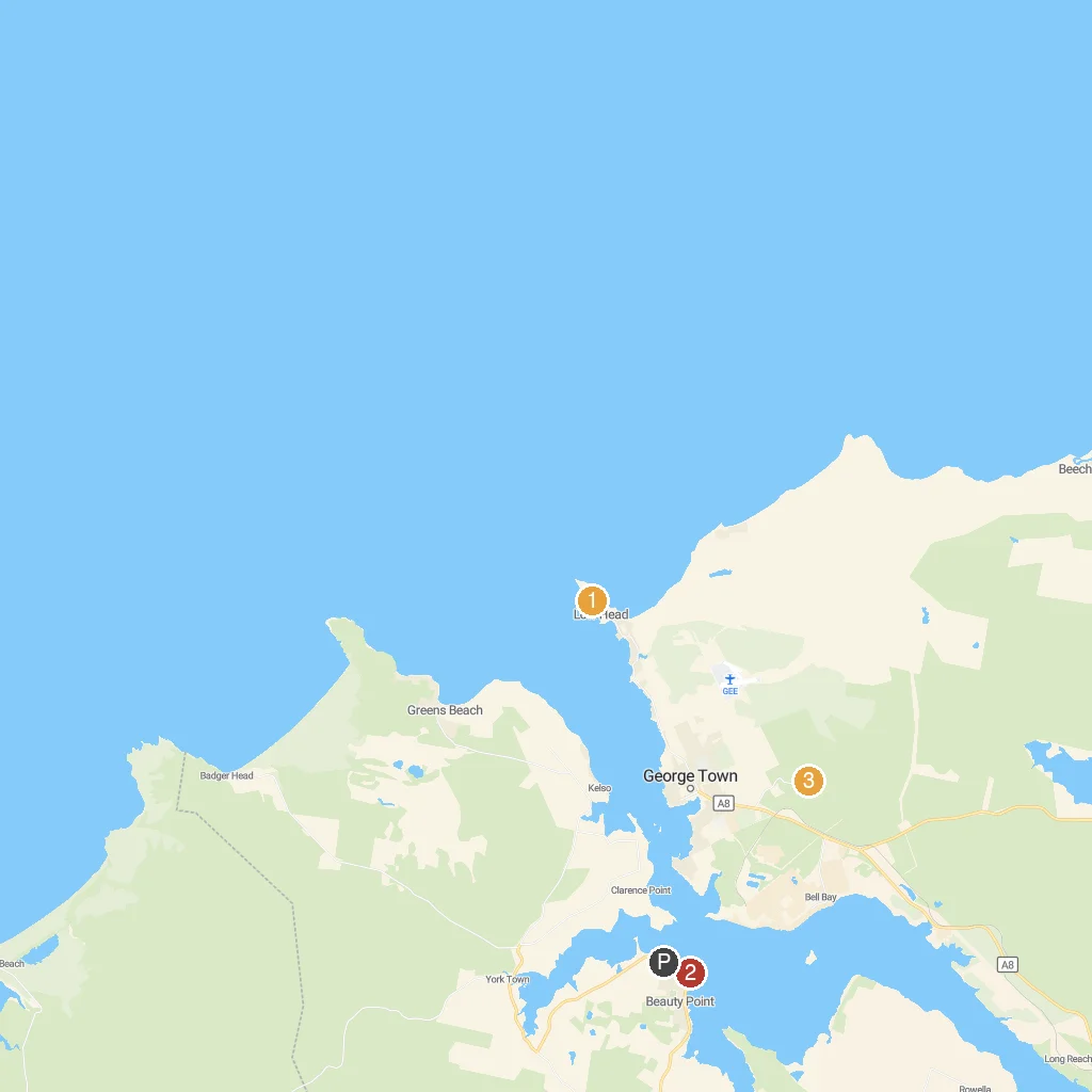 Beauty Point, Tasmania, Australia map with numbered points of interest