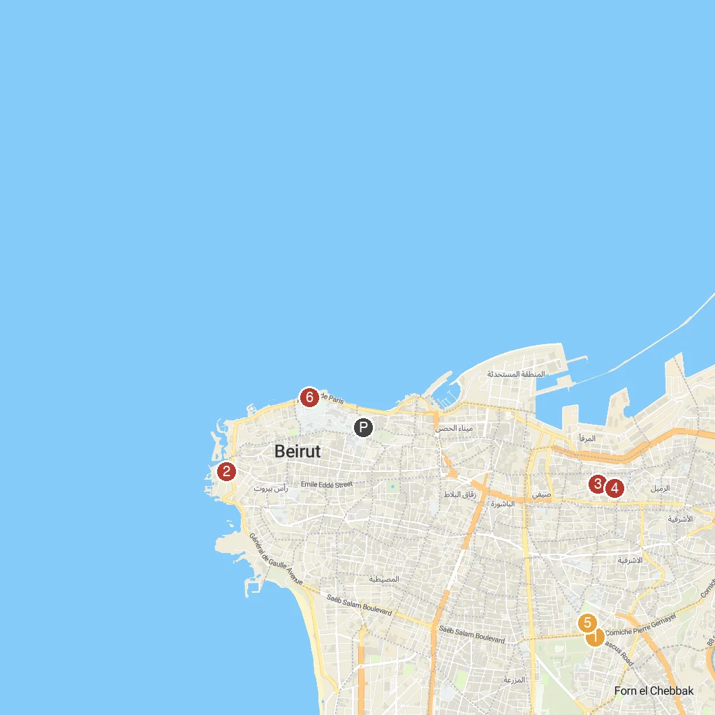 Beirut, Lebanon map with numbered points of interest