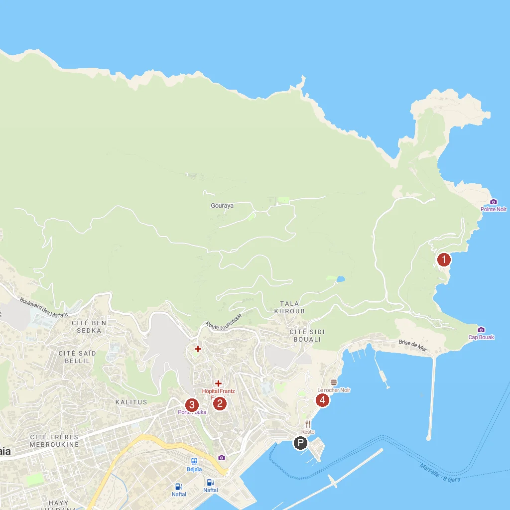 Bejaia, Kabylie, Algeria map with numbered points of interest