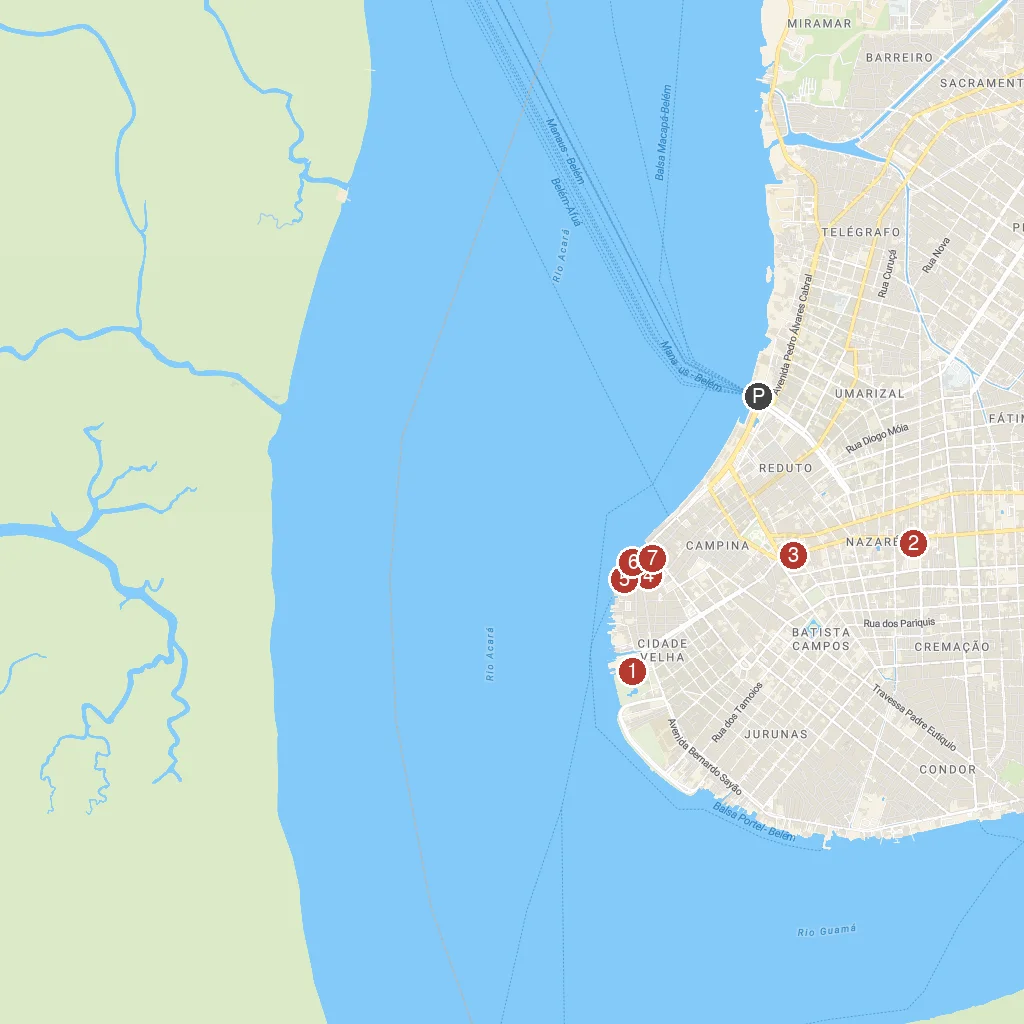 Belém, Pará, Brazil map with numbered points of interest