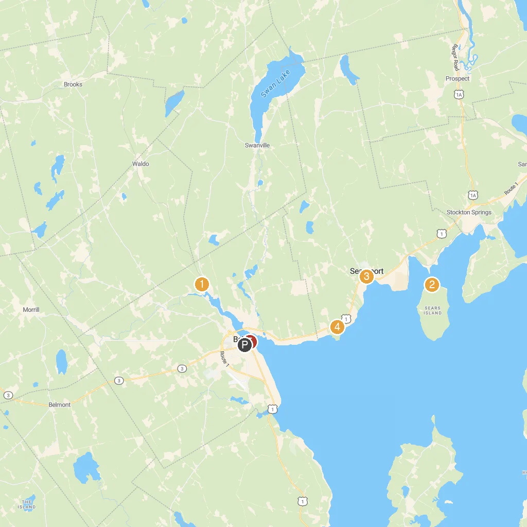 Belfast, Maine, USA map with numbered points of interest