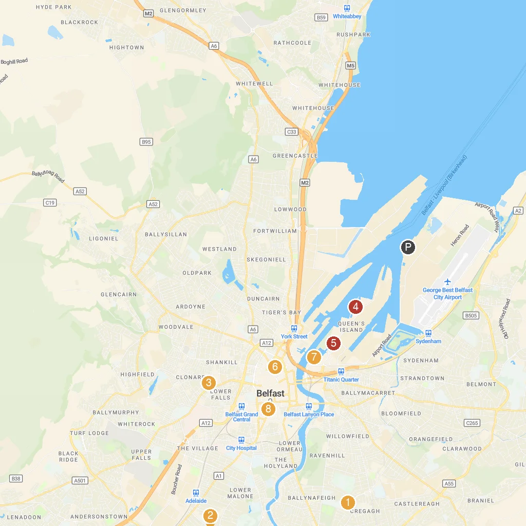 Belfast, Northern Ireland, UK map with numbered points of interest