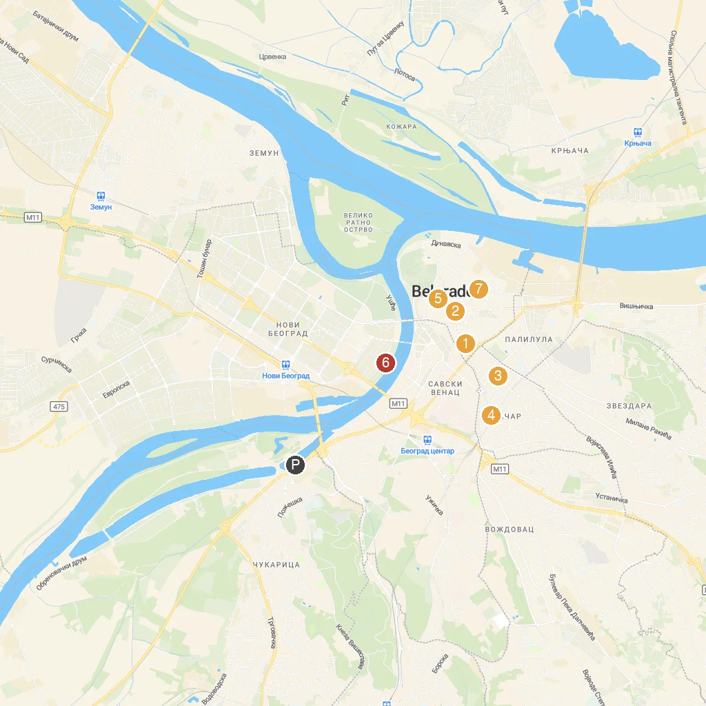 Belgrade, Serbia map with numbered points of interest