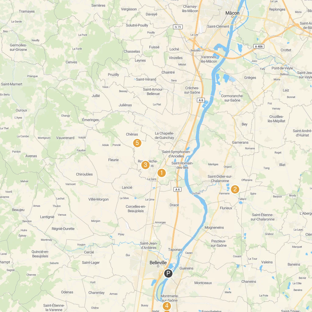 Belleville-en-Beaujolais, Auvergne-Rhône-Alpes, France map with numbered points of interest