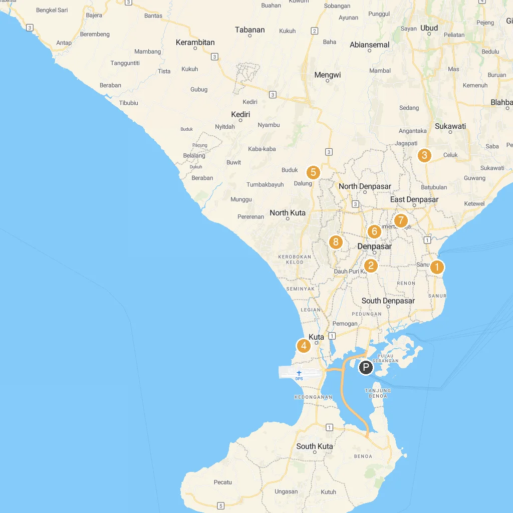 Benoa (Bali), Indonesia map with numbered points of interest