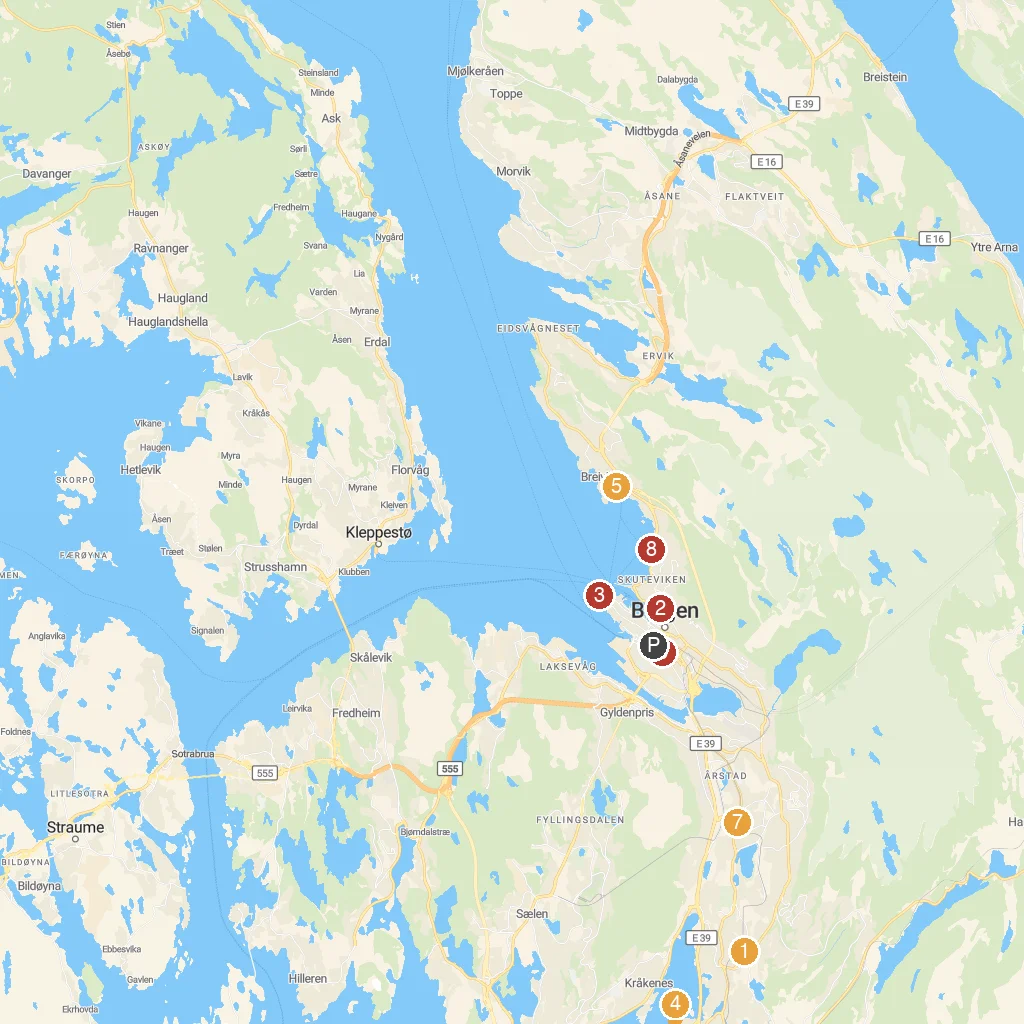 Bergen, Vestland, Norway map with numbered points of interest