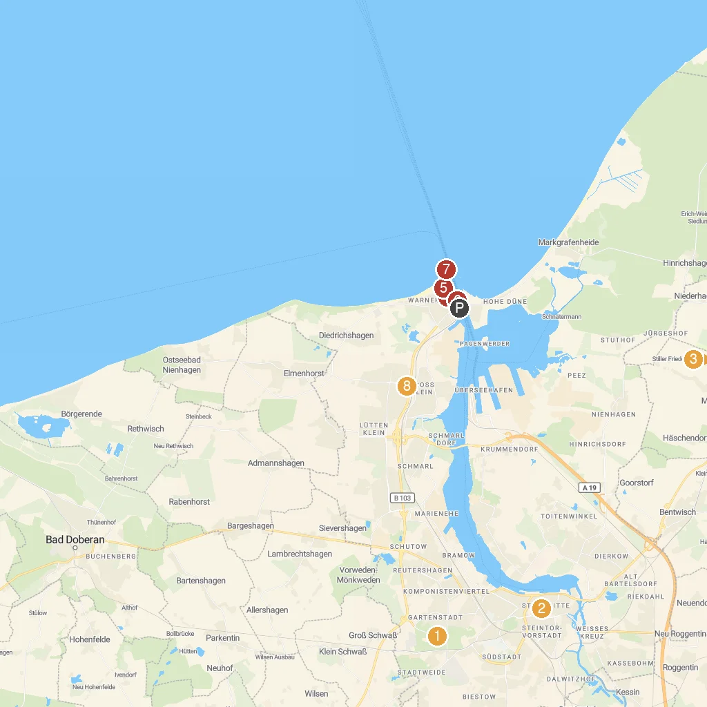 Warnemünde (for Berlin), Mecklenburg-Vorpommern, Germany map with numbered points of interest