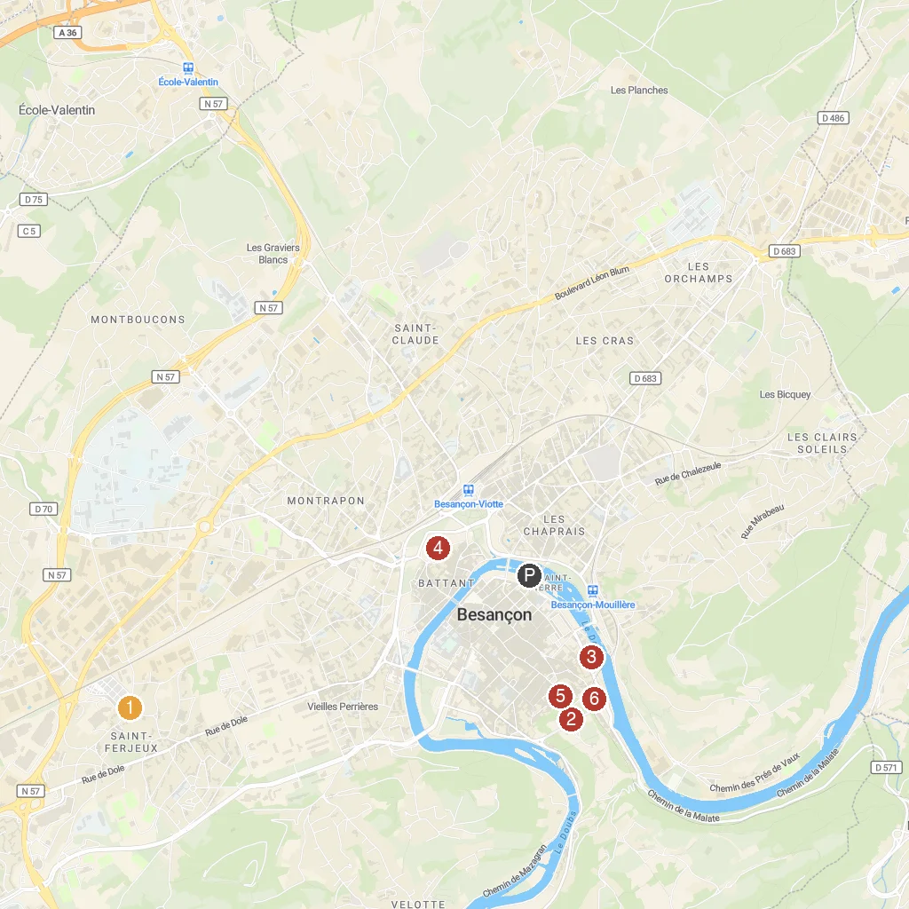 Besançon, Bourgogne-Franche-Comté, France map with numbered points of interest