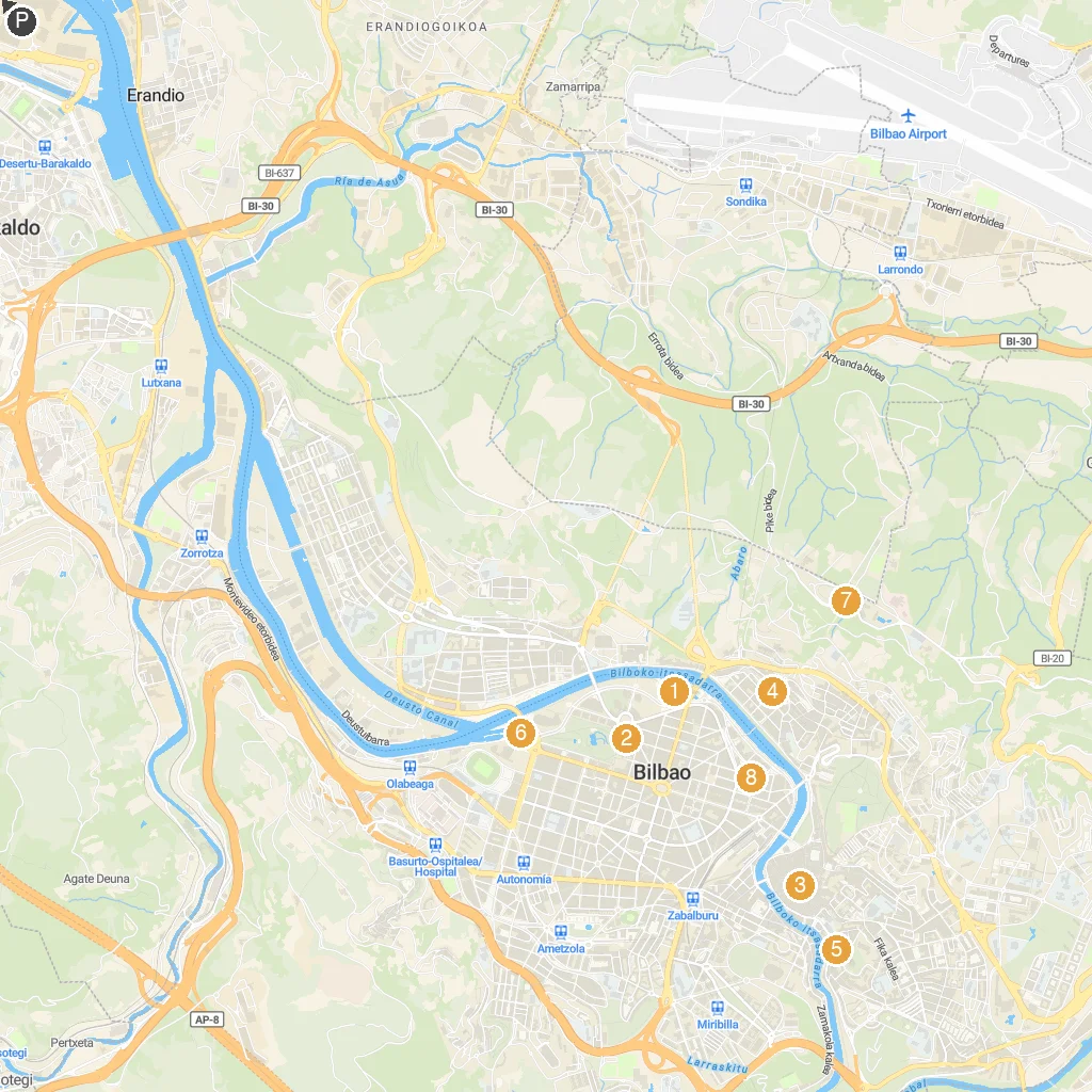 Bilbao, Basque Country, Spain map with numbered points of interest