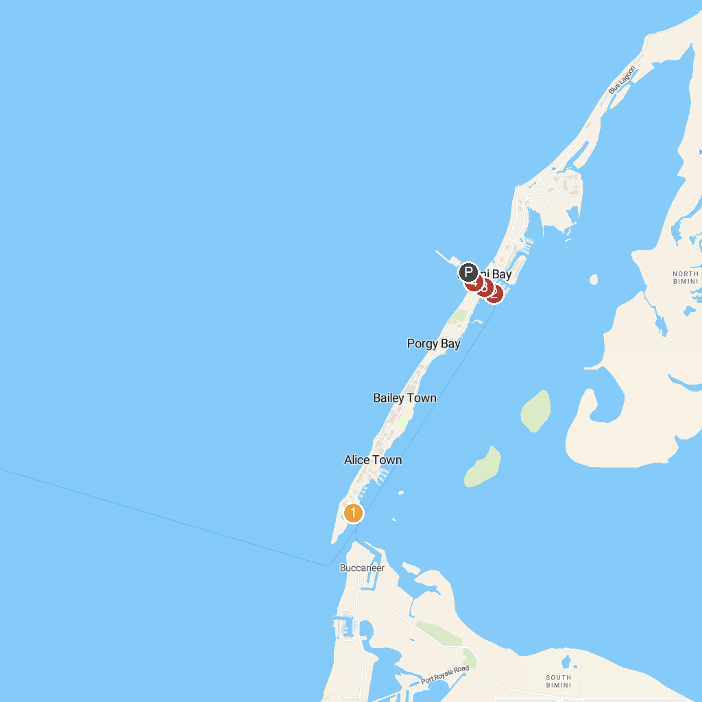 Bimini Islands, Bahamas map with numbered points of interest