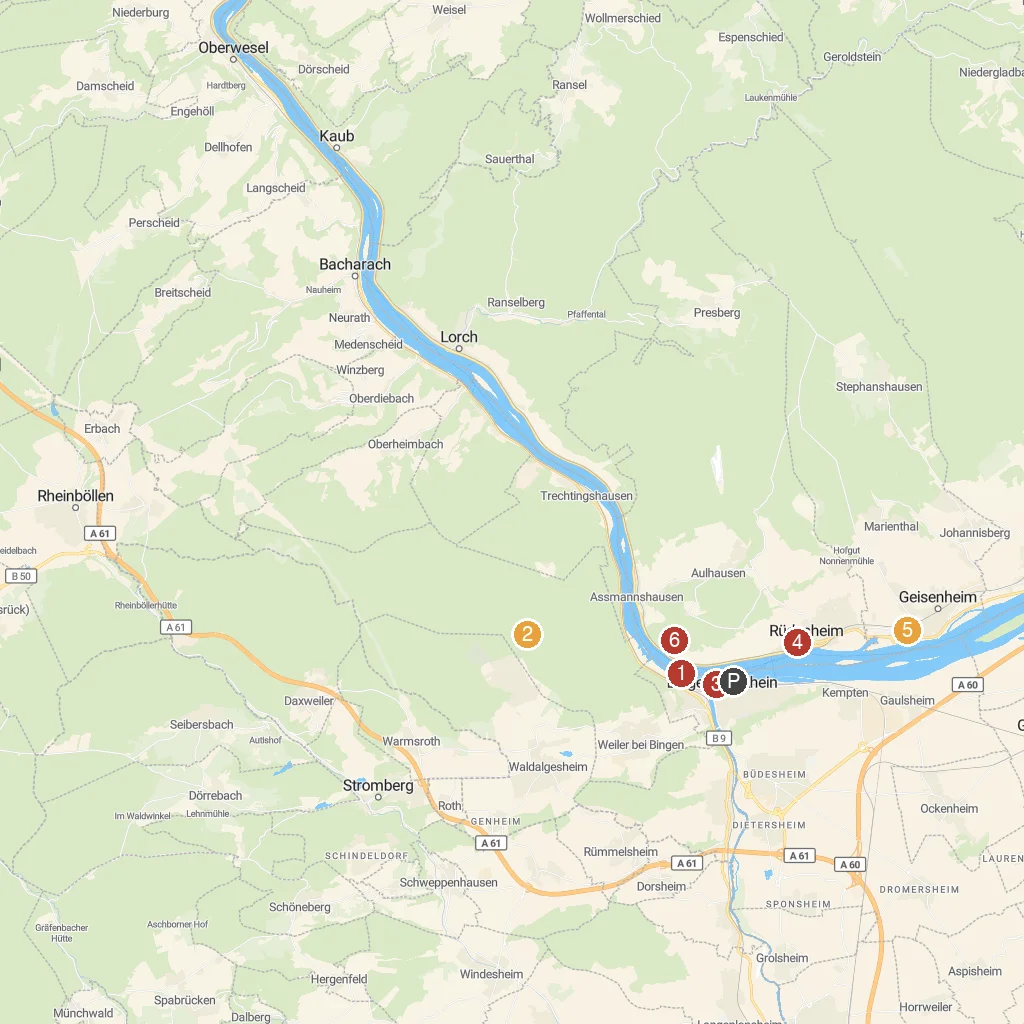 Bingen am Rhein, Rhineland-Palatinate, Germany map with numbered points of interest
