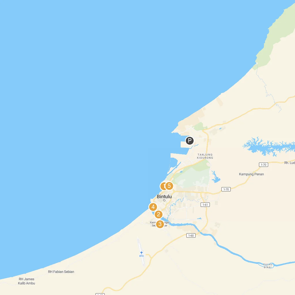 Bintulu, Sarawak, Malaysia map with numbered points of interest