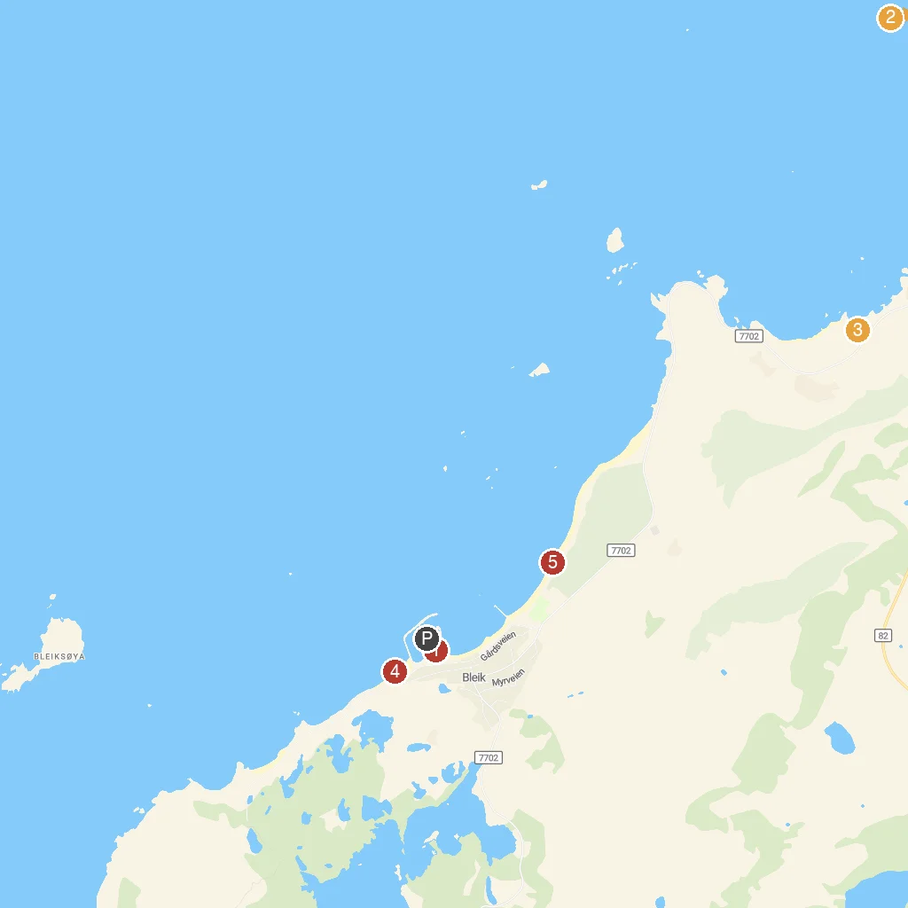 Bleiksøya Island, Vesterålen, Norway map with numbered points of interest