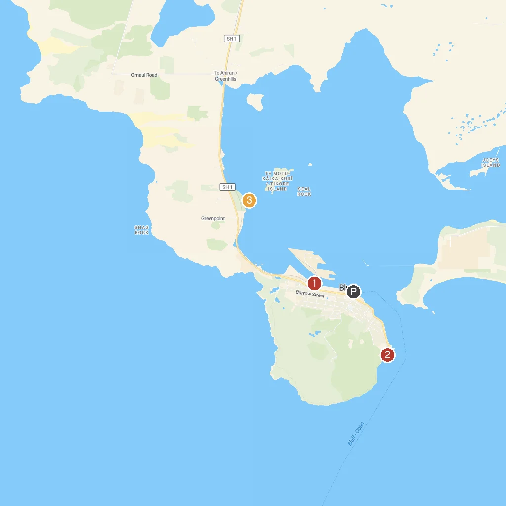 Bluff, Southland, New Zealand map with numbered points of interest