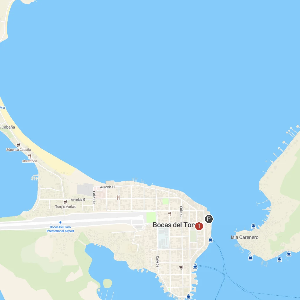 Bocas del Toro, Bocas del Toro Province, Panama map with numbered points of interest