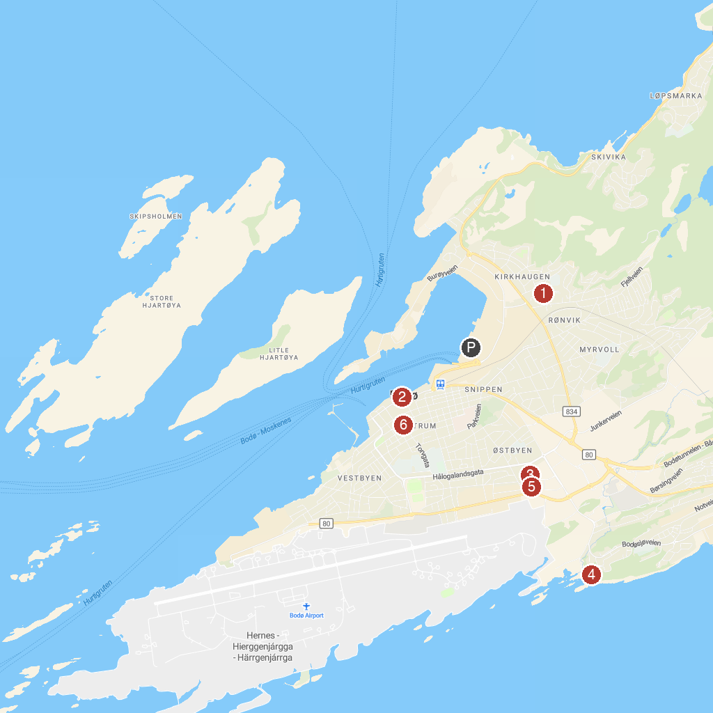 Bodø, Nordland, Norway map with numbered points of interest