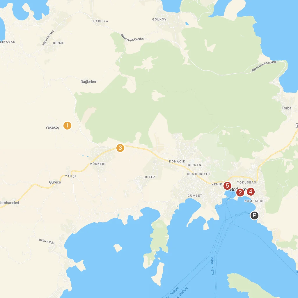 Bodrum, Aegean, Turkey map with numbered points of interest