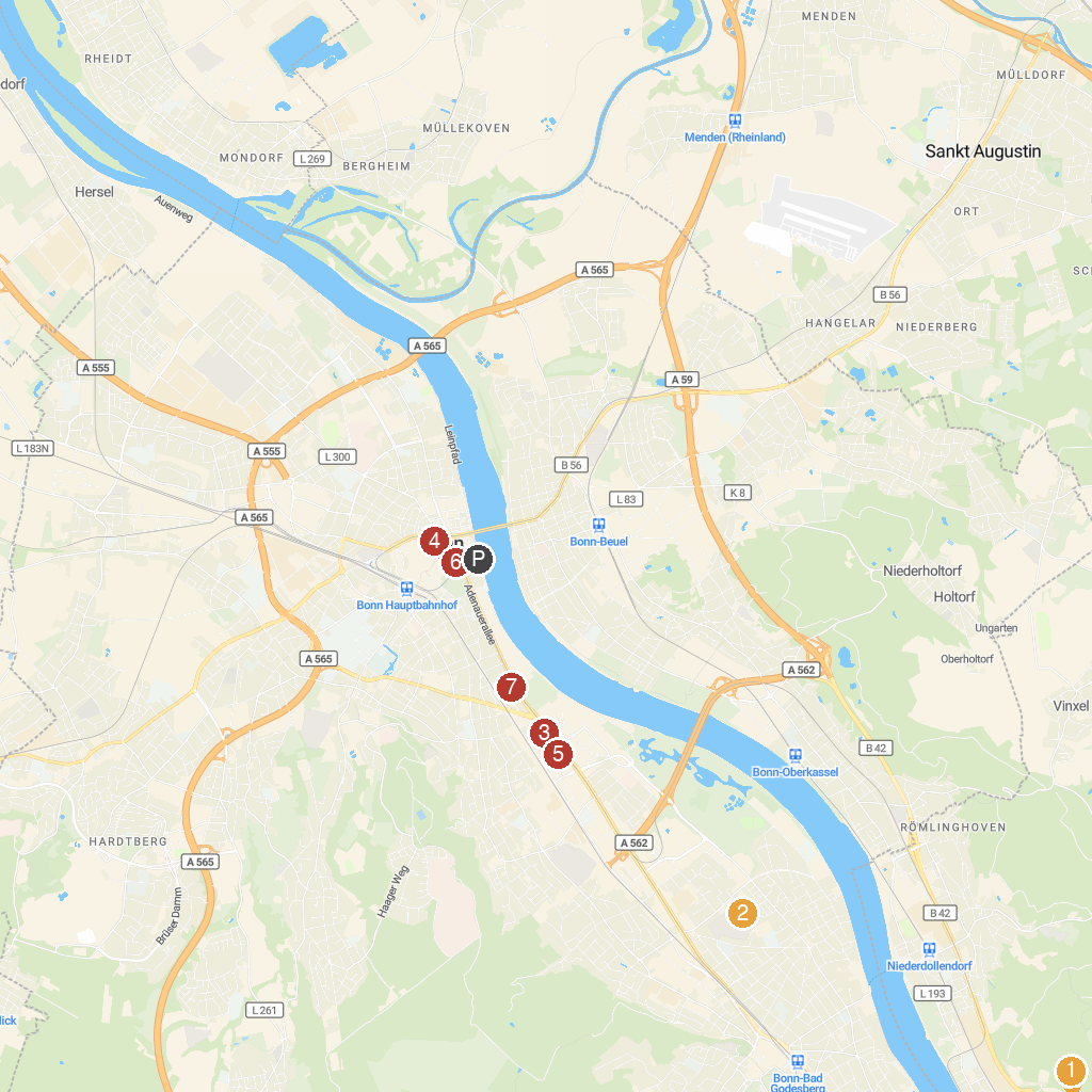 Bonn, North Rhine-Westphalia, Germany map with numbered points of interest