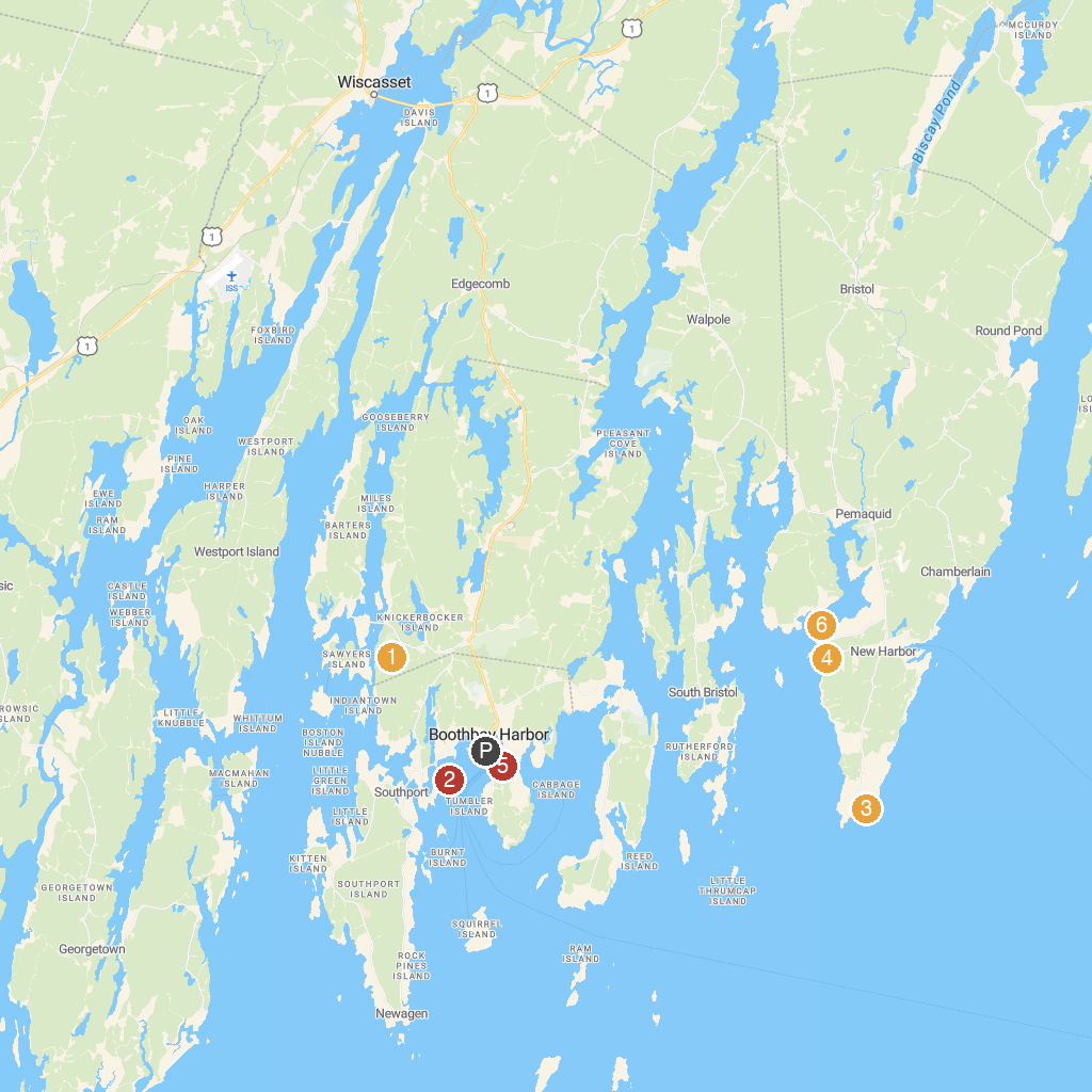 Boothbay Harbor, Maine, USA map with numbered points of interest
