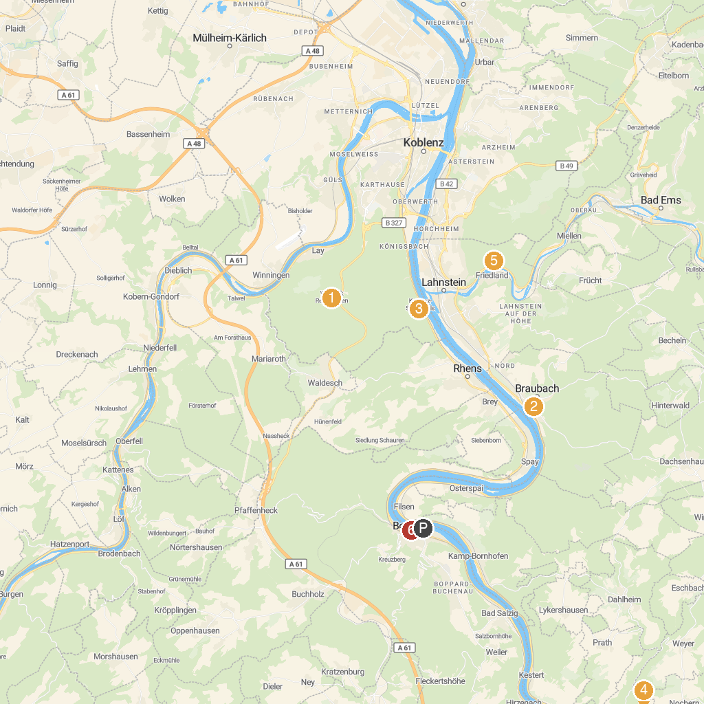 Boppard, Rhineland-Palatinate, Germany map with numbered points of interest