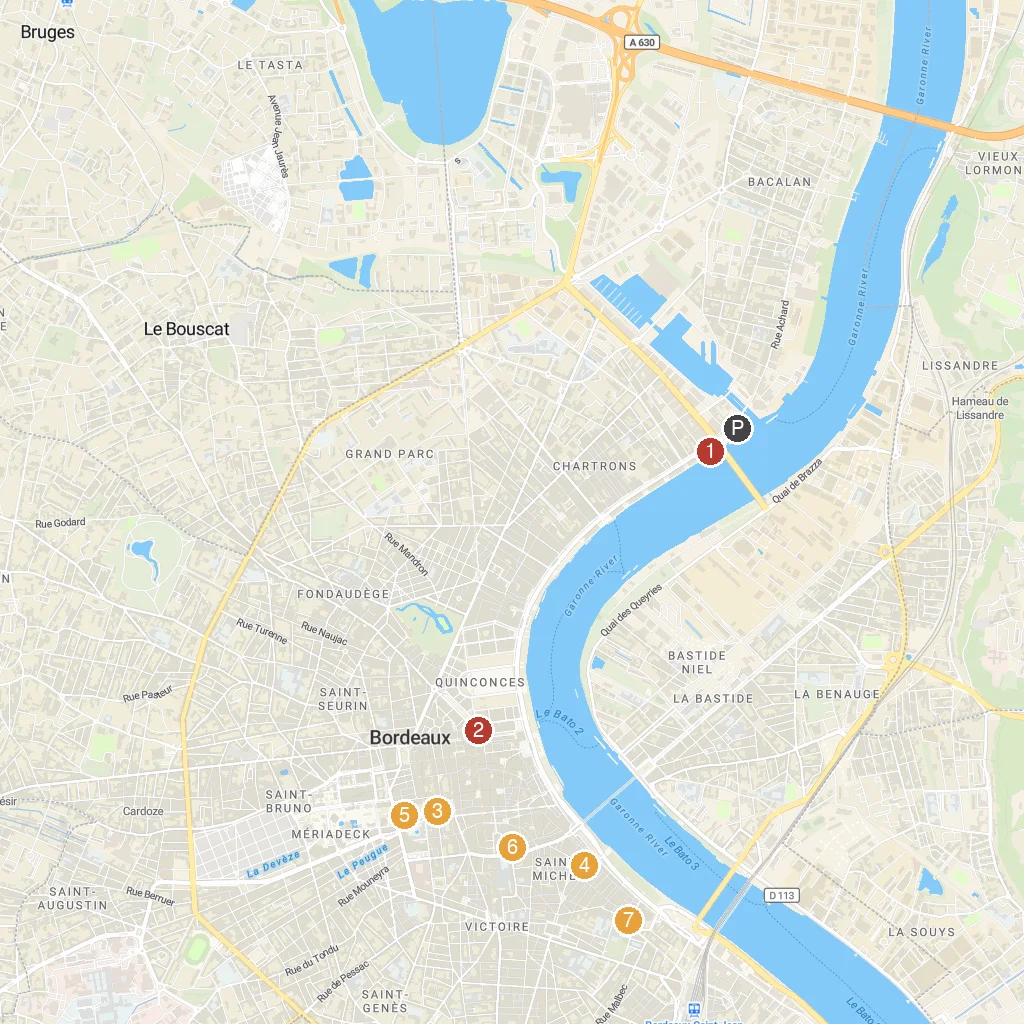 Bordeaux, Nouvelle-Aquitaine, France map with numbered points of interest