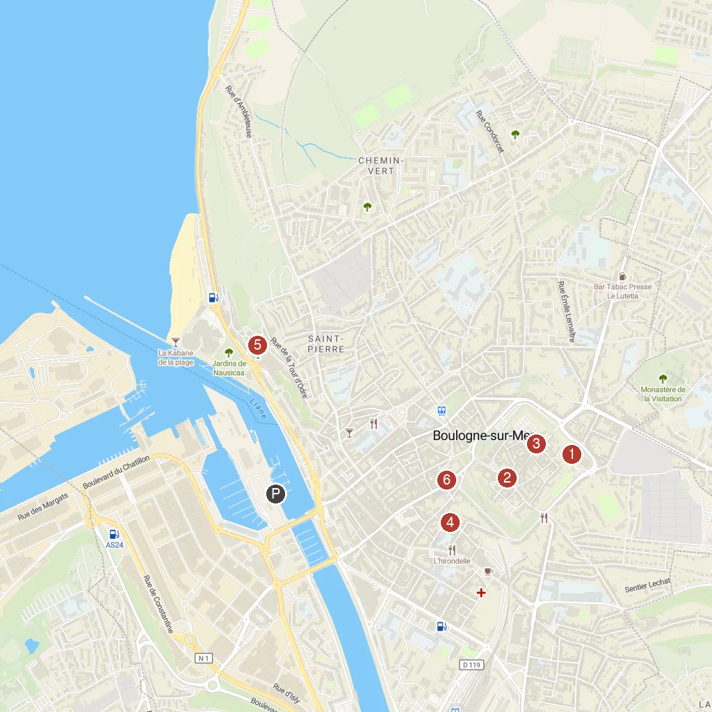 Boulogne-sur-Mer, Hauts-de-France, France map with numbered points of interest