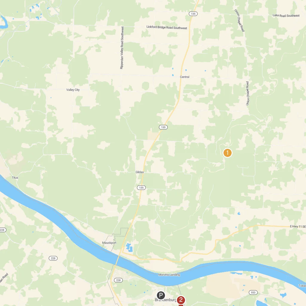 Brandenburg, Kentucky, USA map with numbered points of interest