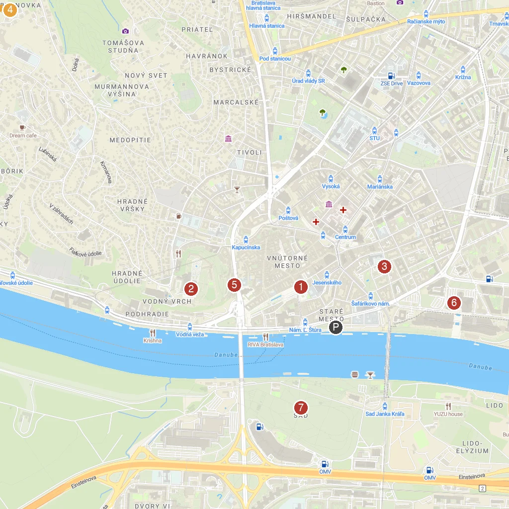 Bratislava, Slovakia map with numbered points of interest