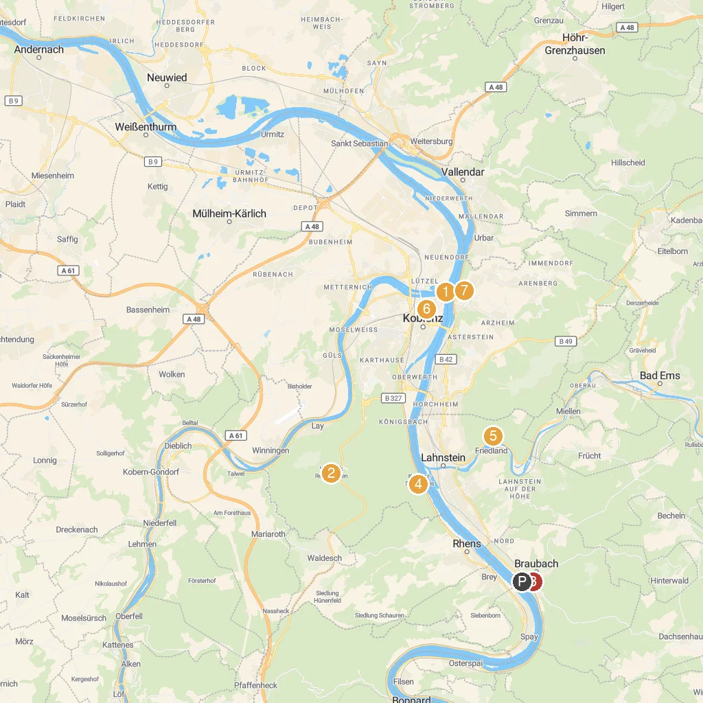 Braubach, Rhineland-Palatinate, Germany map with numbered points of interest