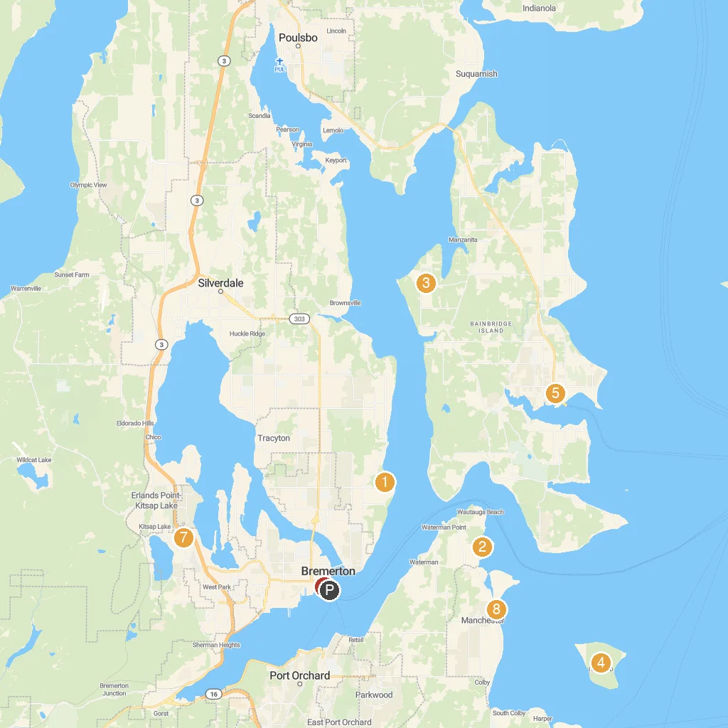 Bremerton, Washington, USA map with numbered points of interest