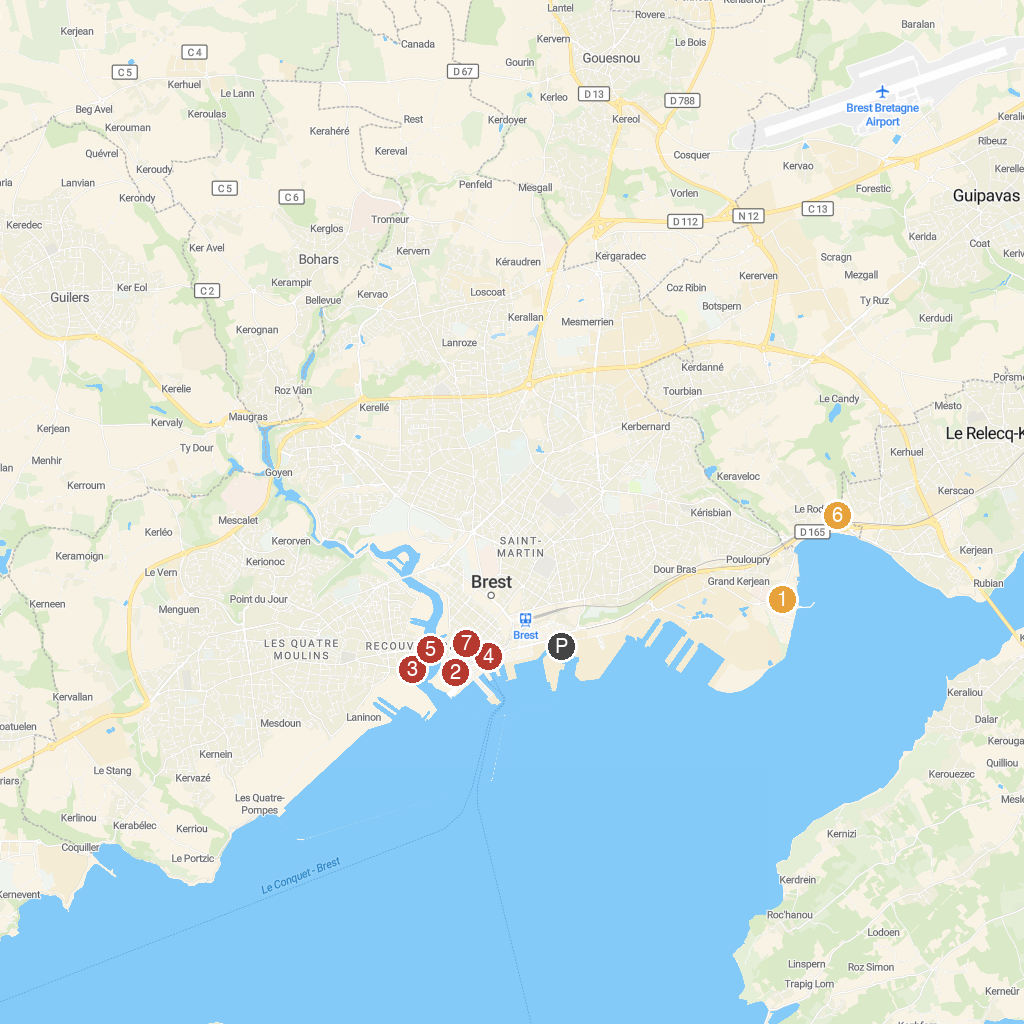 Brest, Brittany, France map with numbered points of interest