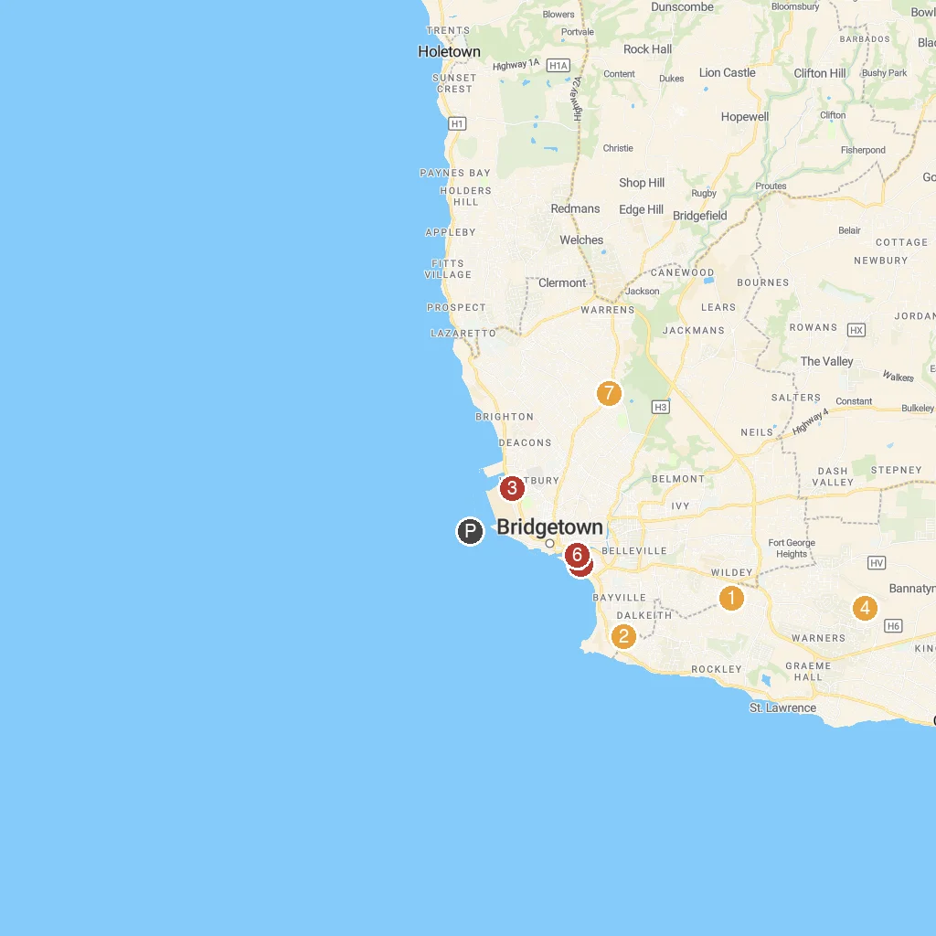 Bridgetown, Barbados map with numbered points of interest