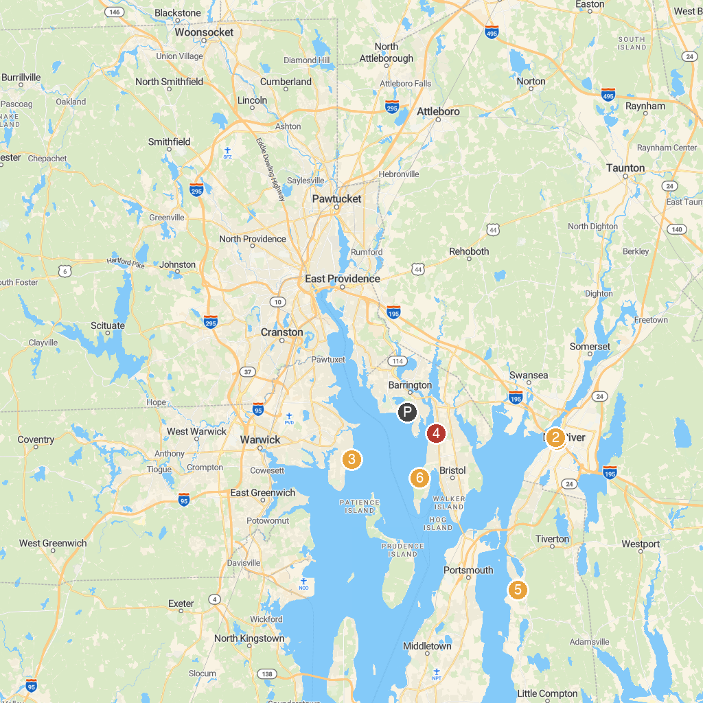 Bristol, Rhode Island, USA map with numbered points of interest