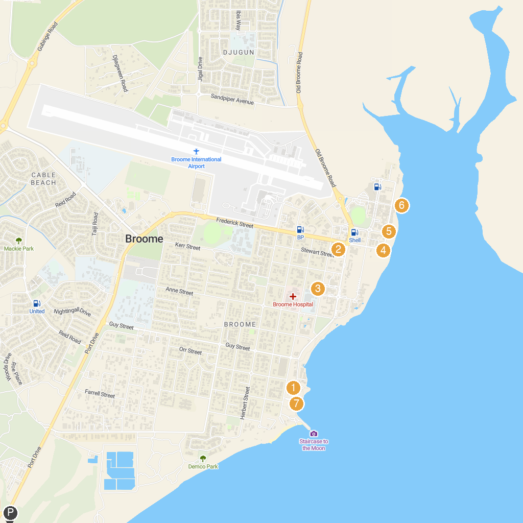 Broome, Western Australia, Australia map with numbered points of interest