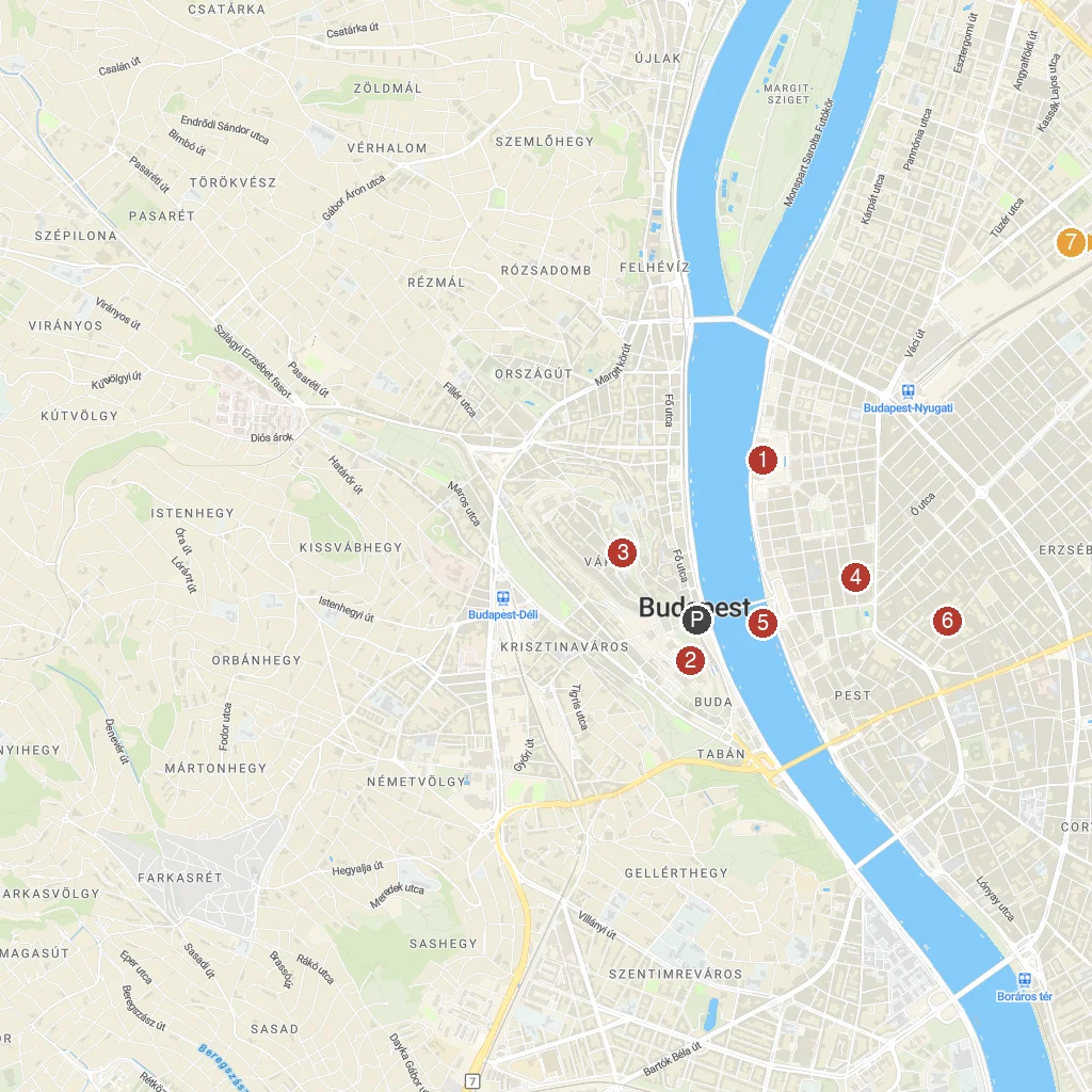 Budapest, Central Hungary, Hungary map with numbered points of interest